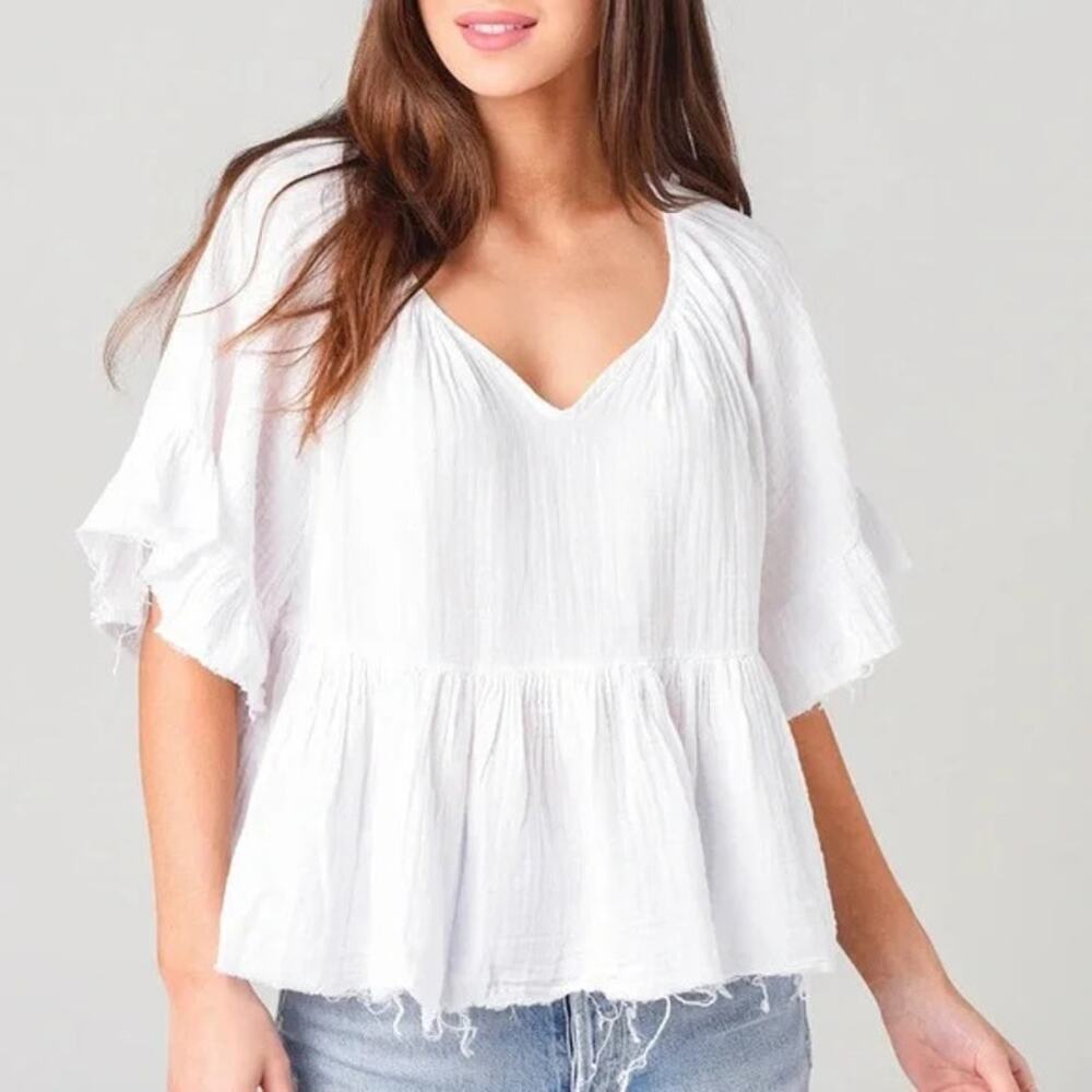 STARK X Women's Flirty Top White Gauze Cotton Size XS Boho Flowy Summer Spring